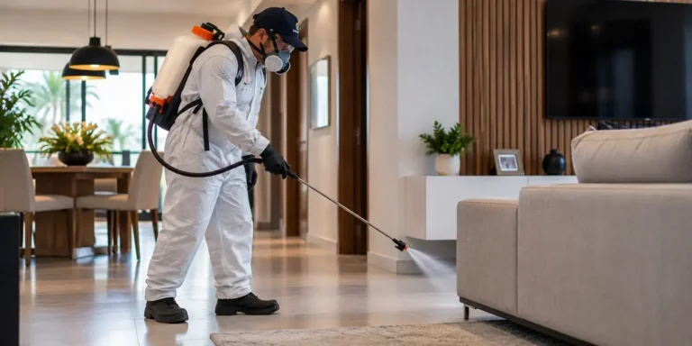 Profissional realizando serviço de dedetização para controle de pragas em ambiente residencial