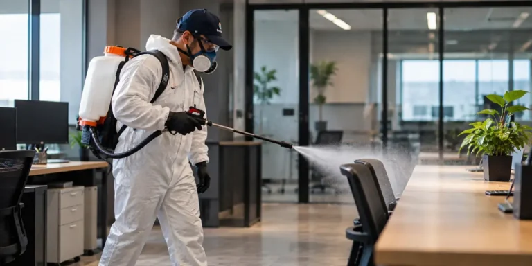 Profissional realizando serviço de sanitização e higienização de ambiente